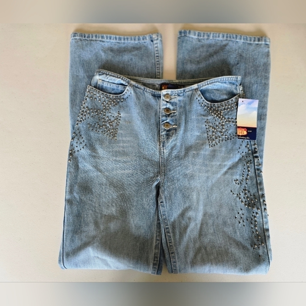 NWT Y2K Vintage Route 66 Low Rise Boot Cut Studded Womens Jeans Size 4.